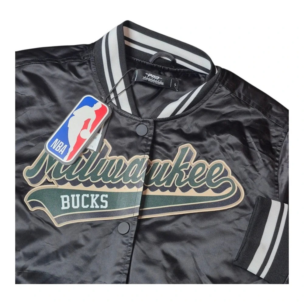 NEW! Milwaukee Bucks NBA Satin Bomber Jacket Black Team Pro Standard‎ Men's L